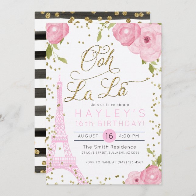 Paris Eiffel Torn Rosa Guld Inbjudan (Fram/baksida)