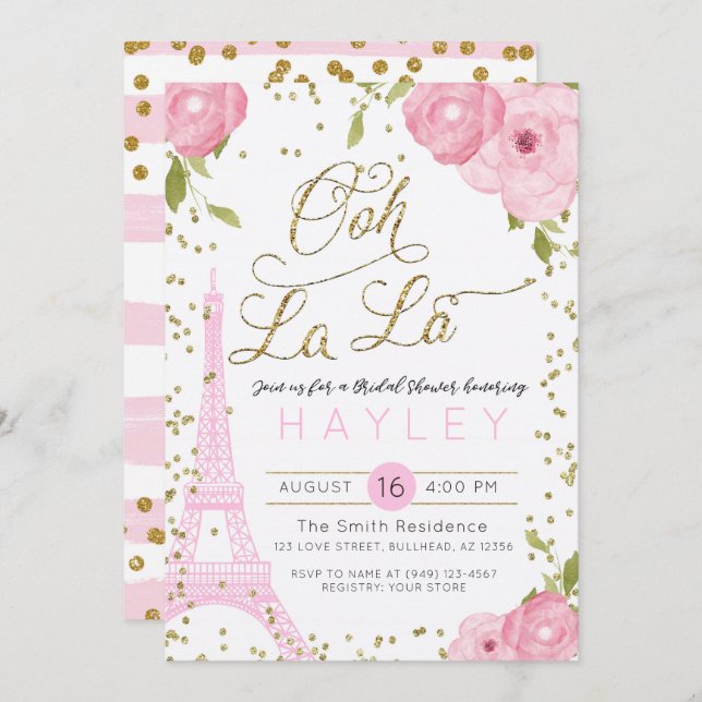 Paris Eiffel Torn Rosa Guld Möhippa Inbjudan (Fram/baksida)
