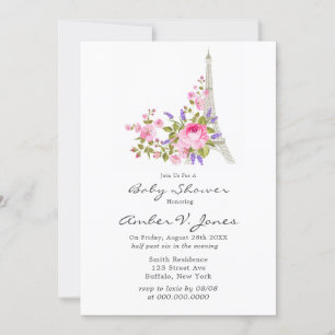 Paris Eiffel Torn Rosa Peony Girl Baby Shower Inbjudningar