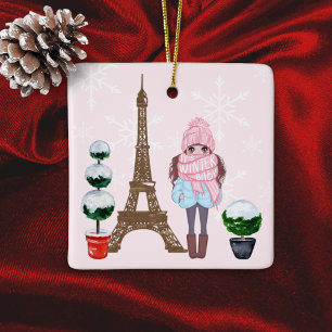 Paris Eiffel Torn Söt Girl Chic Rosa jul Julgransprydnad Keramik