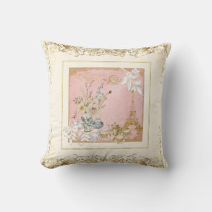 Paris Eiffel Torn Tea Blommigt Foliage Baroque Gul Kudde