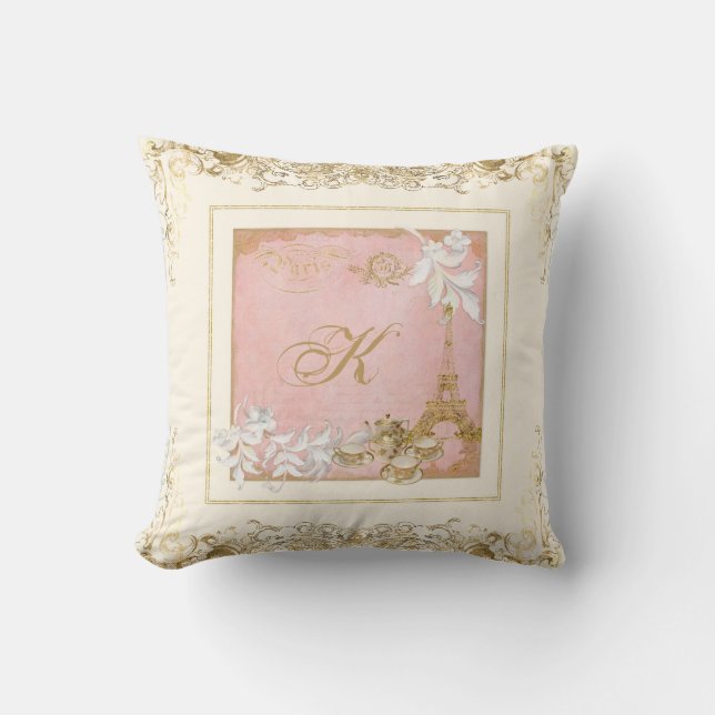 Paris Eiffel Torn Tea Foliage Monogram Guld Swirl Kudde (Framsida)