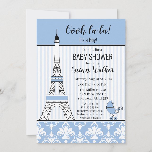 Paris Eiffel Torn Theme Baby Shower blue boy Inbjudningar (Framsida)