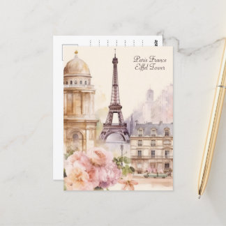 Paris Eiffel Torn Vintage Watercolor Travel Vykort