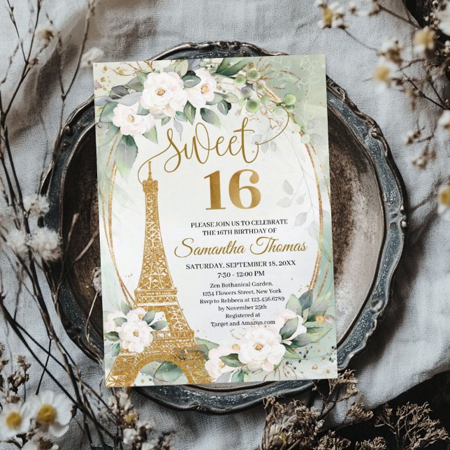 Paris Eiffel torn vit ros greenery guld oval Inbjudningar (Paris Eiffel tower white roses greenery gold oval Invitation)