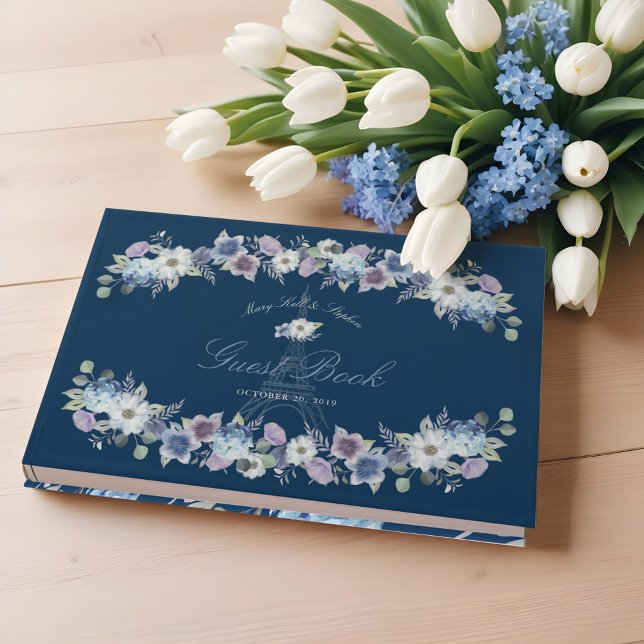Paris Eiffel Torn Watercolor Blommigt Navy Bröllop Gästböcker (Paris Eiffel Tower Watercolor Floral Navy Wedding Guest Book)