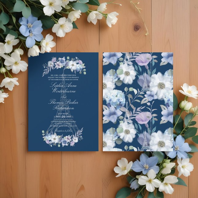 Paris Eiffel Torn Watercolor Blommigt Navy Bröllop Inbjudningar (Paris Eiffel Tower Watercolor Floral Navy Wedding Invitation)