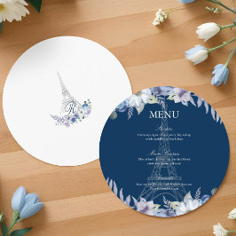 Paris Eiffel Torn Watercolor Blommigt Navy Bröllop Meny