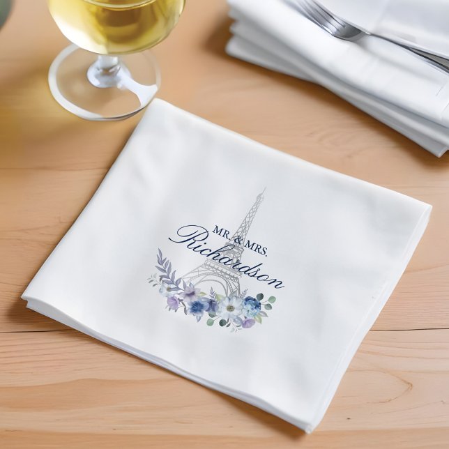 Paris Eiffel Torn Watercolor Blommigt Navy Bröllop Pappersservett (Paris Eiffel Tower Watercolor Floral Navy Wedding Napkins)