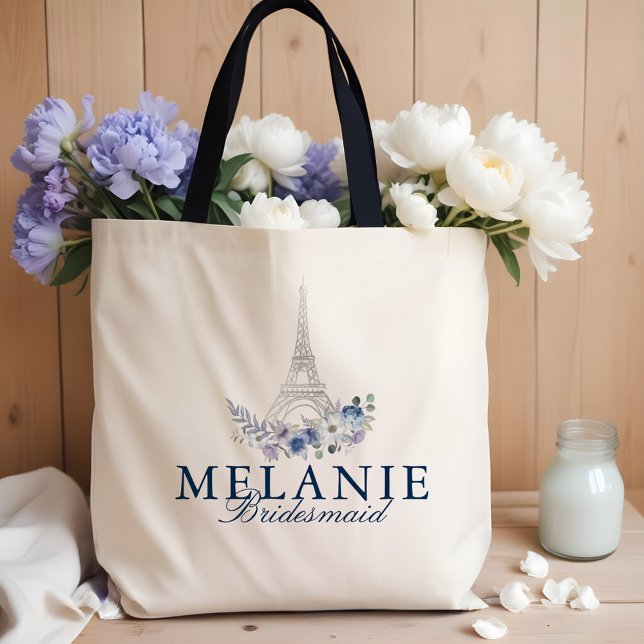 Paris Eiffel Torn Watercolor Blommigt White Bröllo Tygkasse (Paris Eiffel Tower Watercolor Floral White Wedding Tote Bag (Front))
