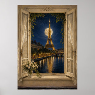 Paris Eiffel Tower Full Moon Night Oil Painting Poster