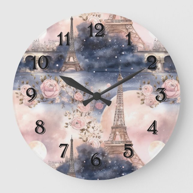 Paris Eiffel Tower Pink Blue Floral Stor Klocka (Framsida)