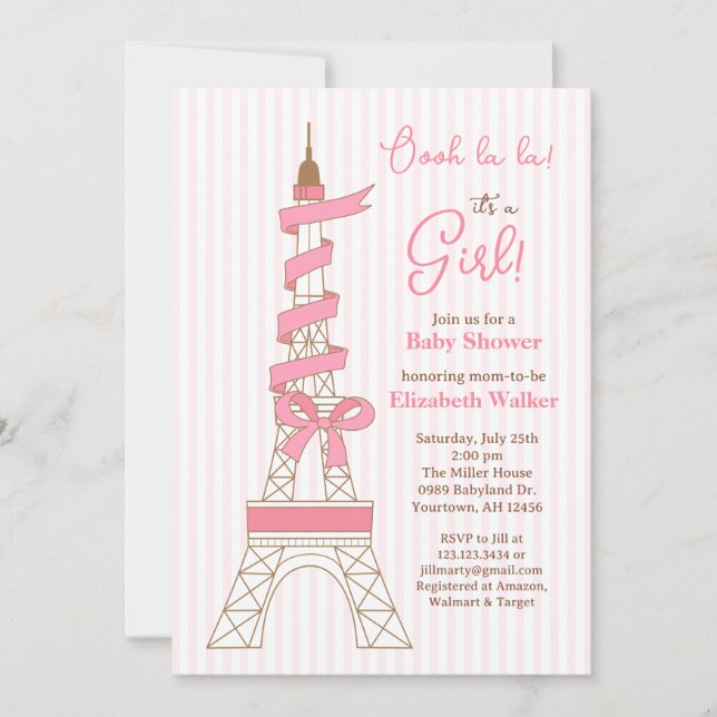 Paris Eiffel Tower Tema Bebis Badrum rosa flicka Inbjudningar (Framsida)