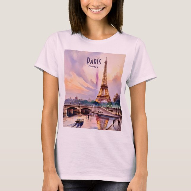 Paris Eiffel Tower Travel Watercolor Custom Text T Shirt (Framsida)