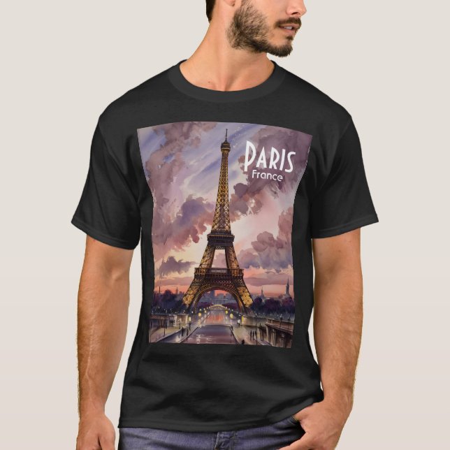 Paris Eiffel Tower Twilight Watercolor Custom Text T Shirt (Framsida)