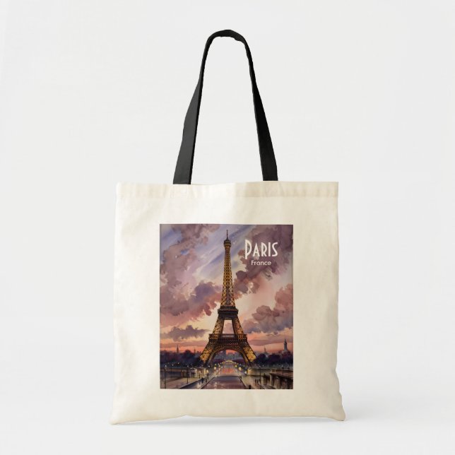 Paris Eiffel Tower Twilight Watercolor Custom Text Tygkasse (Framsidan)