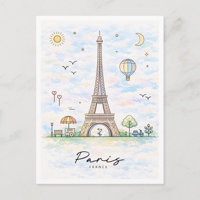 Paris Eiffel Tower Watercolor | France Helg Vykort (Framsida)