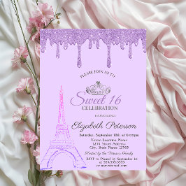Paris Eiffeltorn,Violet Drips Sweet 16   Inbjudningar