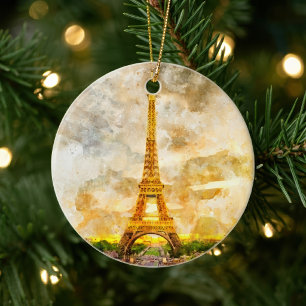 Paris Eiffeltornet Akvarell Solnedgång Konsttryck Julgransprydnad Keramik
