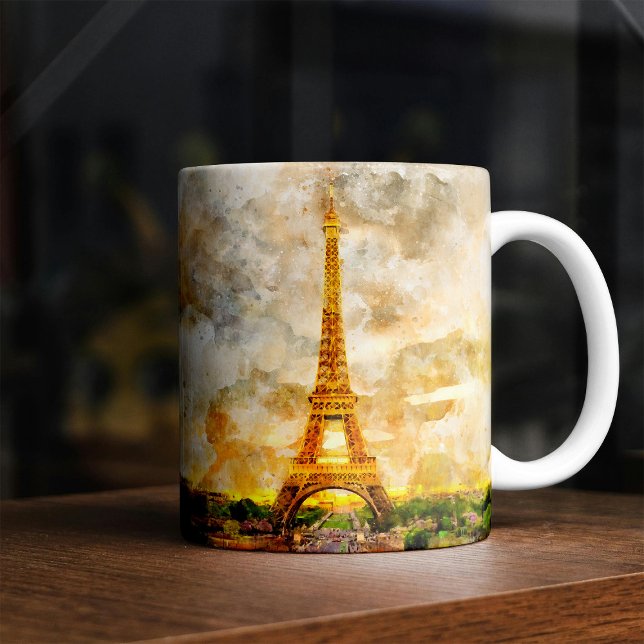 Paris Eiffeltornet Akvarell Solnedgång Konsttryck Kaffemugg (Paris Eiffel Tower Watercolor Sunset Art Print. Coffee Mug)