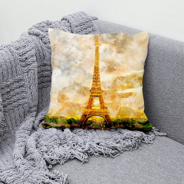 Paris Eiffeltornet Akvarell Solnedgång Konsttryck Kudde (Paris Eiffel Tower Watercolor Sunset Art Print. Throw Pillow)