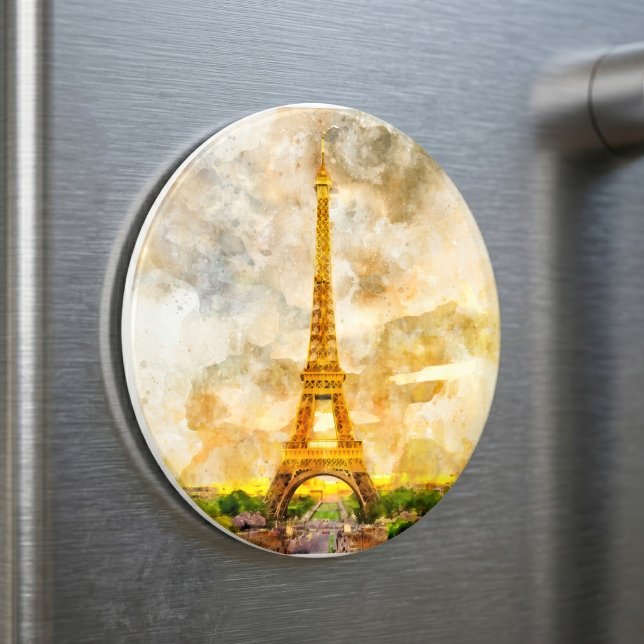 Paris Eiffeltornet Akvarell Solnedgång Konsttryck Magnet (Paris Eiffel Tower Watercolor Sunset Art Print. Magnet )