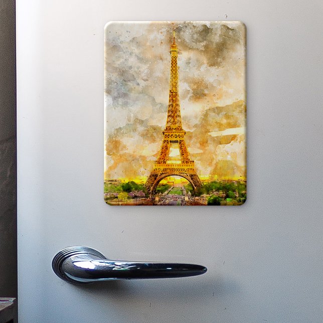 Paris Eiffeltornet Akvarell Solnedgång Konsttryck Magnet (Paris Eiffel Tower Watercolor Sunset Art Print. Magnet )
