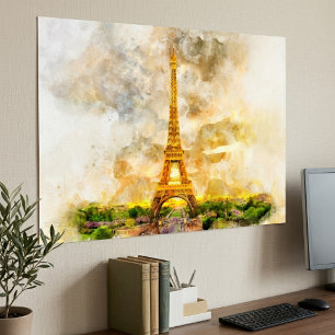 Paris Eiffeltornet Akvarell Solnedgång Konsttryck Poster