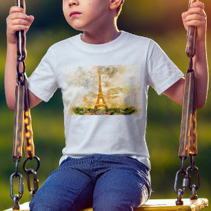 Paris Eiffeltornet Akvarell Solnedgång Konsttryck T Shirt