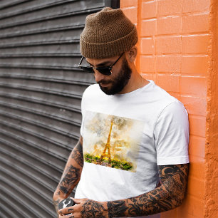 Paris Eiffeltornet Akvarell Solnedgång Konsttryck T Shirt