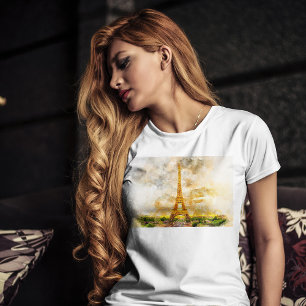 Paris Eiffeltornet Akvarell Solnedgång Konsttryck T Shirt