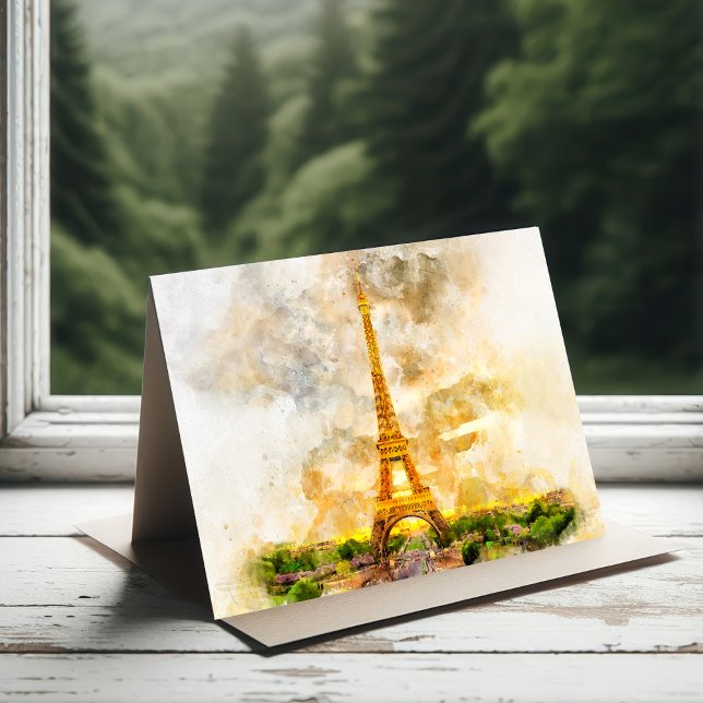 Paris Eiffeltornet Akvarell Solnedgång Konsttryck Tack Kort (Paris Eiffel Tower Watercolor Sunset Art Print. Thank You Card)