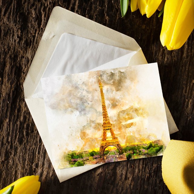 Paris Eiffeltornet Akvarell Solnedgång Konsttryck Vykort (Paris Eiffel Tower Watercolor Sunset Art Print. Postcard)