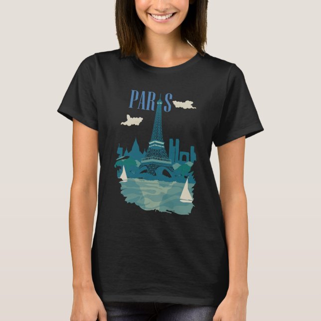 Paris Eiffeltornet Blå Retro Resa T-Shirt (Framsida)