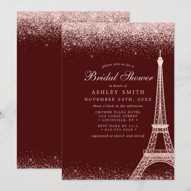 Paris Eiffeltornet Burgundy Glitter Bröllopsdusch Inbjudningar (Fram/baksida)