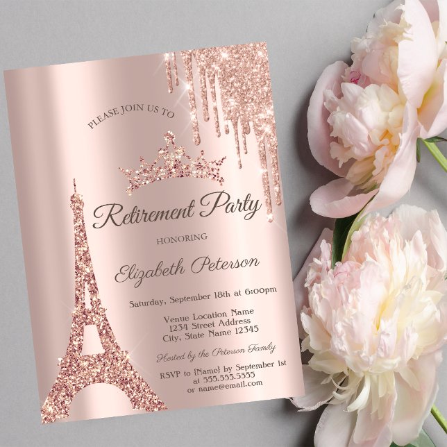 Paris Eiffeltornet, Drip Rose Guld  Pensionering Inbjudningar (Skapare uppladdad)