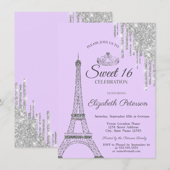Paris Eiffeltornet, Dropar, Ljus Lila Sweet 16 Inbjudningar (Fram/baksida)