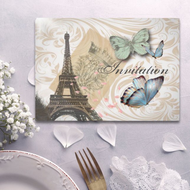 Paris Eiffeltornet  Fjärils Bröllopsinbjudan Inbjudningar (Paris Effiel Tower Butterfly Wedding Invitation)