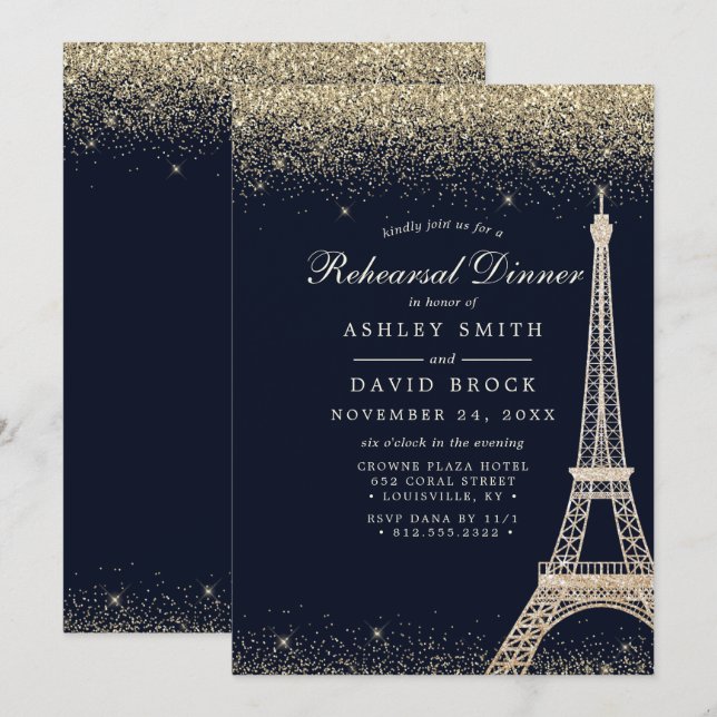 Paris Eiffeltornet Guld Glitter Repetition Inbjudningar (Fram/baksida)