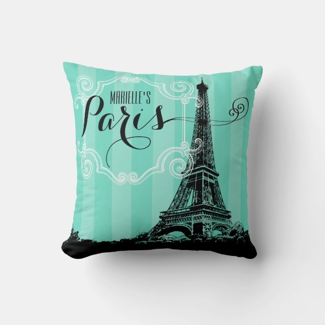 Paris Eiffeltornet Monogram Havsgröna Ränder Kudde (Framsida)