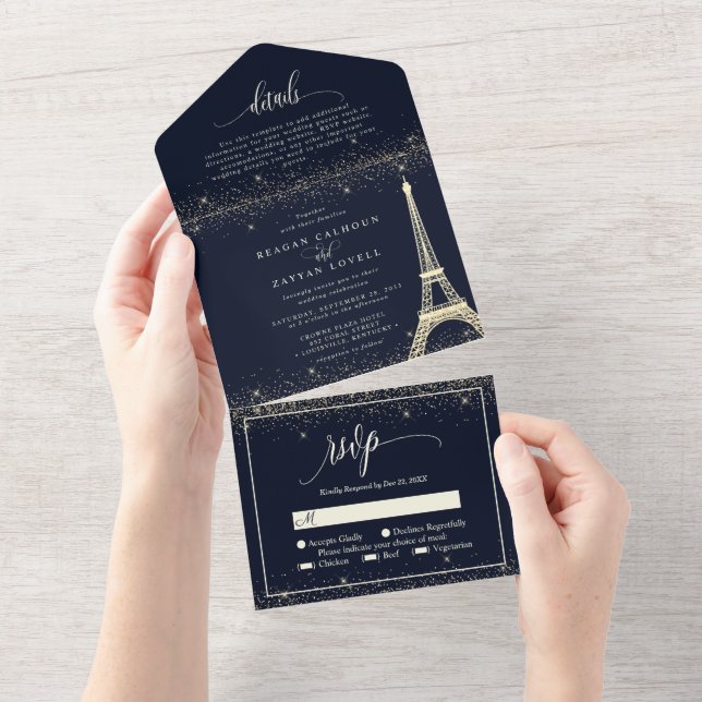 Paris Eiffeltornet Navy Gold Glitter Bröllop Allt (Avrivbar del)