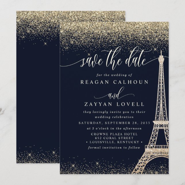 Paris Eiffeltornet Navy Guld Save The Date-kort Spara Datumet (Fram/baksida)