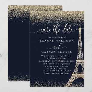 Paris Eiffeltornet Navy Guld Save The Date-kort Spara Datumet