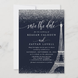 Paris Eiffeltornet Navy Silver Save The Date-kort Spara Datumet
