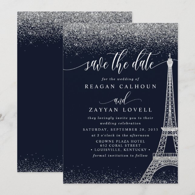 Paris Eiffeltornet Navy Silver Save The Date-kort Spara Datumet (Fram/baksida)