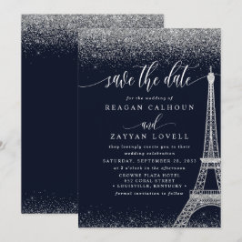 Paris Eiffeltornet Navy Silver Save The Date-kort Spara Datumet