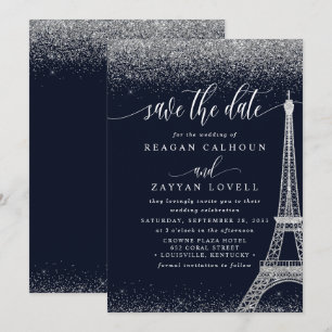 Paris Eiffeltornet Navy Silver Save The Date-kort Spara Datumet