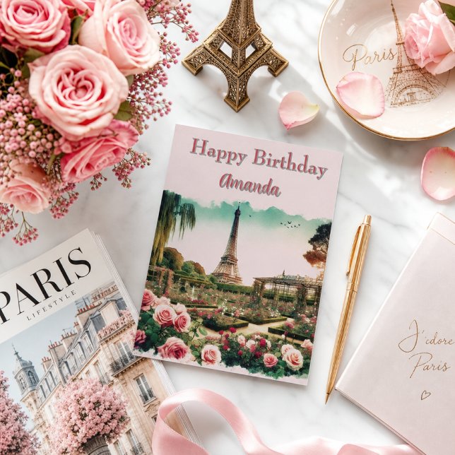 Paris Eiffeltornet och rosa rosor födelsedag  Hälsningskort (This mockup is a digital representation created using generative AI tools to showcase the design)