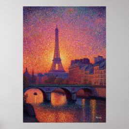 Paris Eiffeltornet Pointillism Solnedgång Stadssce Poster
