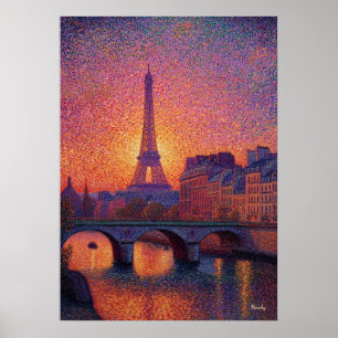 Paris Eiffeltornet Pointillism Solnedgång Stadssce Poster